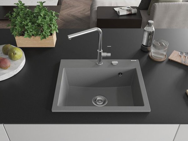 Mexen Oscar 1-medencés gránit mosogató 580 x 490 mm, szürke, krómozott szifonnal - 6519581000-71