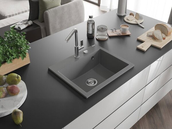 Mexen Oscar 1-medencés gránit mosogató 580 x 490 mm, szürke, krómozott szifonnal - 6519581000-71