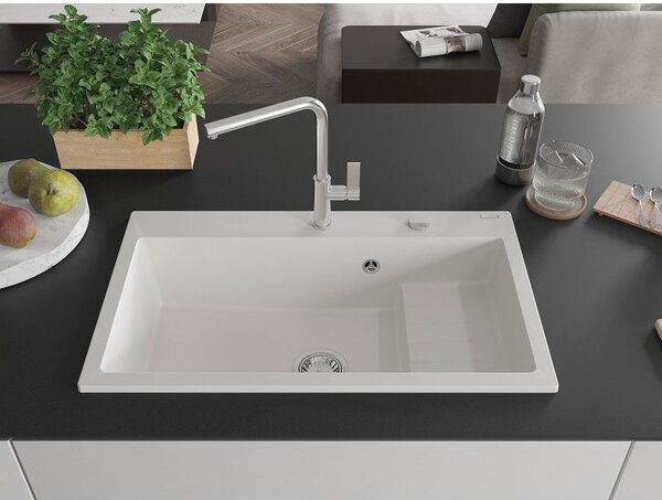 Mexen Omar gránit mosogató 1-medencés 800 x 480 mm, fehér, króm szifon - 6520801005-20