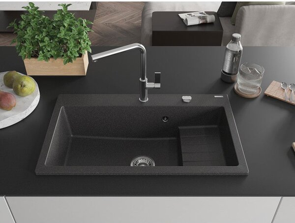 Mexen Omar gránit mosogató 1-medencés 800 x 480 mm, fekete pöttyös, króm szifon - 6520801005-76