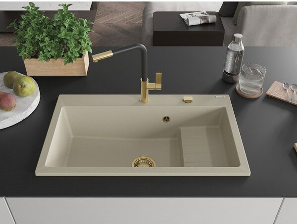 Mexen Omar egykamrás gránit mosogató 800 x 480 mm, bézs, arany szifon - 6520801005-69-G