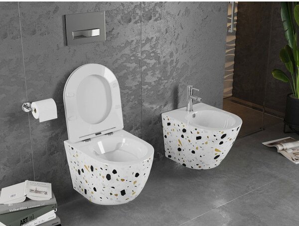 Mexen Lena Rimless WC csésze lassan záródó slim duroplast ülőkével, fehér terrazzo kő - 30224096