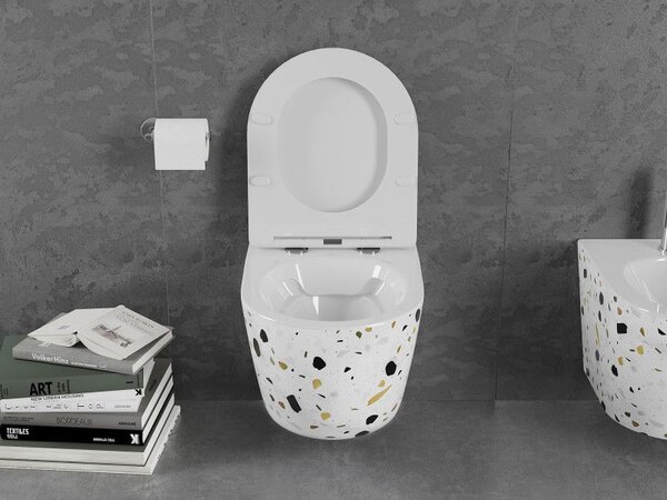 Mexen Lena Rimless WC csésze lassan záródó slim duroplast ülőkével, fehér terrazzo kő - 30224096