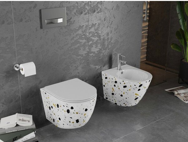 Mexen Lena Rimless WC csésze lassan záródó slim duroplast ülőkével, fehér terrazzo kő - 30224096