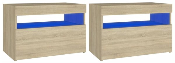 2 db sonoma tölgyszínű éjjeliszekrény LED-lámpákkal 60x35x40 cm