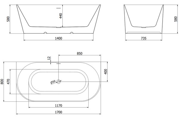 Mexen Oval Slim szabadon álló fali kád 170 x 80 cm, fehér, fehér túlfolyó - 52661708000-20