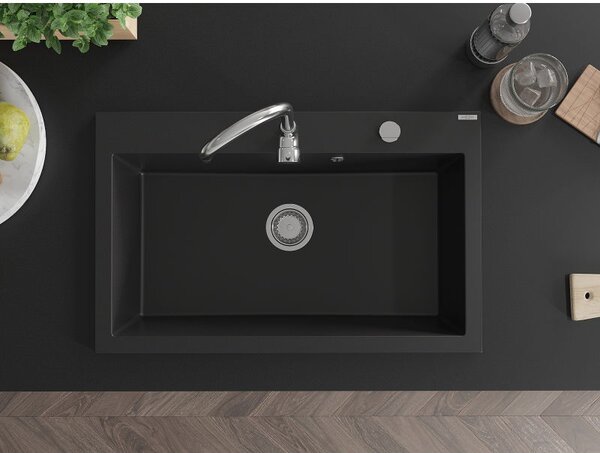 Mexen Elix gránit mosogató 1-medencés 800 x 500 mm, fekete, króm szifon - 6527801005-77
