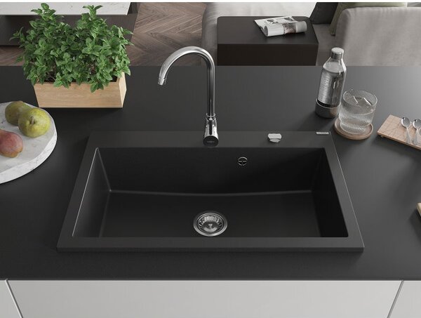 Mexen Elix gránit mosogató 1-medencés 800 x 500 mm, fekete, króm szifon - 6527801005-77