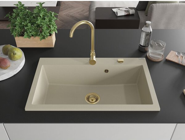 Mexen Elix gránit mosogató 1-medencés 800 x 500 mm, bézs, arany szifon - 6527801005-69-G