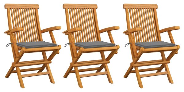 VidaXL 3 db tömör tíkfa kerti szék szürke párnákkal