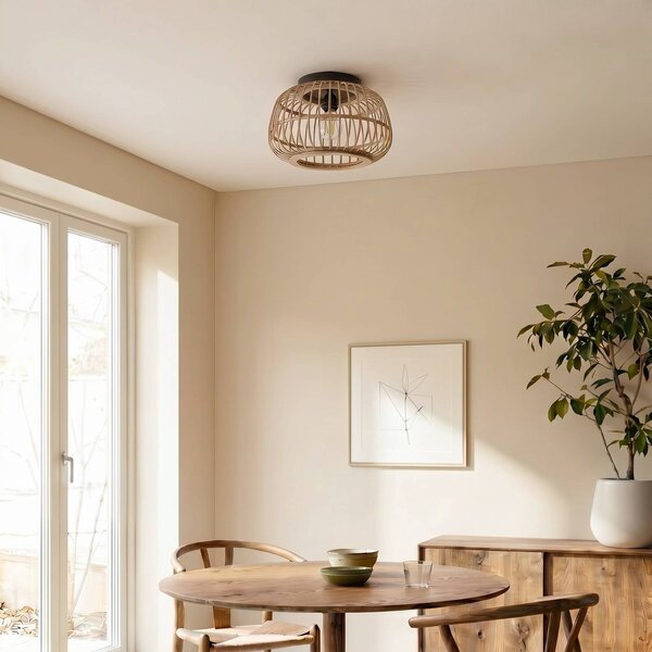 Lindby mennyezeti lámpa Bominio, Ø 40 cm, rattan, fa, E27, dimmelhető, Világos fa, Nappali / Étkező, Fa, Skandináv