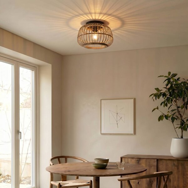 Lindby mennyezeti lámpa Bominio, Ø 40 cm, rattan, fa, E27, dimmelhető, Világos fa, Nappali / Étkező, Fa, Skandináv