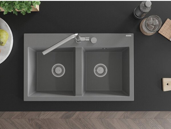 Mexen Hektor kétkamrás gránit mosogató 800 x 480 mm, szürke, króm szifon - 6521802000-71