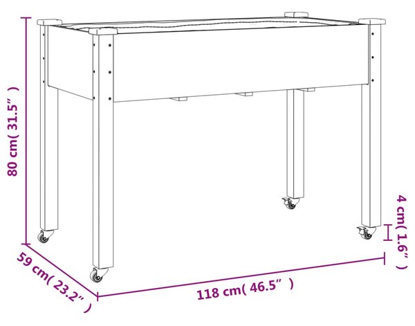 Tömör fenyőfa kerekes ültetőláda béléssel 118x59x80 cm