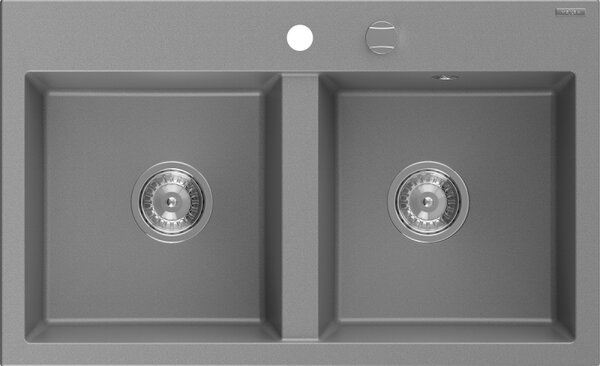 Mexen Hektor, 2 kamrás gránit mosogató 800x480x205 mm, szürke, króm szifon, 6521802000-71