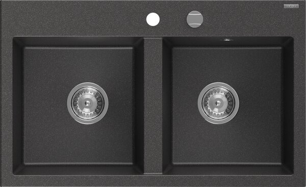 Mexen Hektor, 2 kamrás gránit mosogató 800x480x205 mm, fekete foltos, króm szifon, 6521802000-76