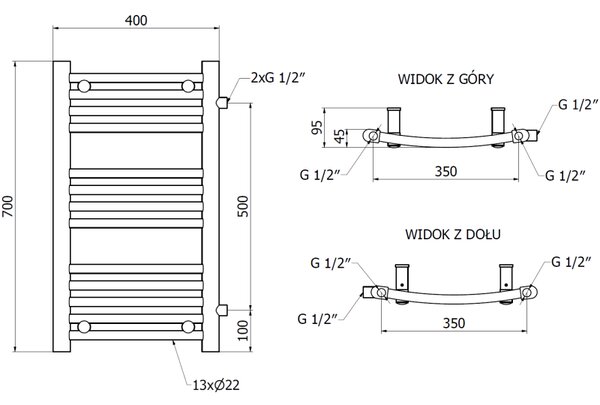 Mexen Ares, fűtőelem 700 x 400 mm, 240 W, oldalsó jobb és alsó csatlakozás, fehér, W102-0700-400-00-20-S