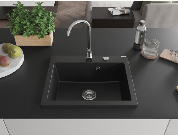 Mexen Elix gránit mosogató 1-medencés 600 x 500 mm, fekete, króm szifon - 6525601005-77