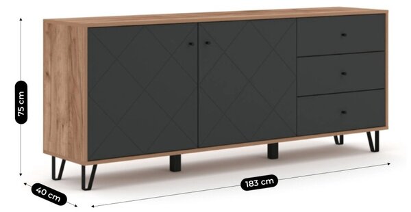 Komód 183 cm, Craft Tobacco tölgy/grafit színkombinációban BACARDI