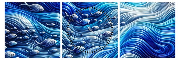 Kép – Halak a hullámokban (órával) (90x30 cm)