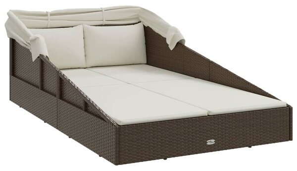 Barna polyrattan napozóágy összecsukható tetővel 200x114x128 cm