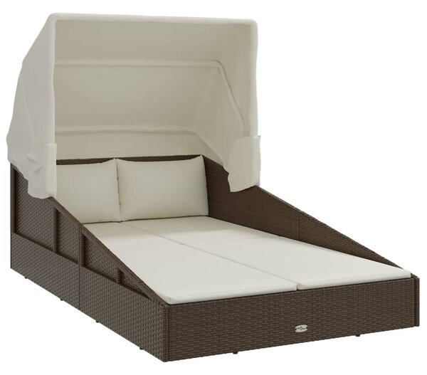 Barna polyrattan napozóágy összecsukható tetővel 200x114x128 cm