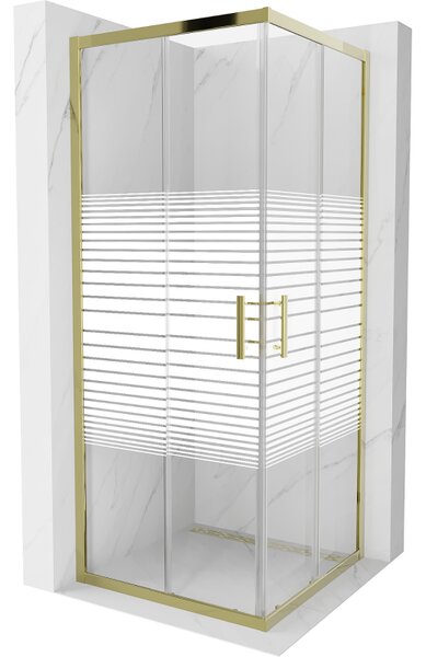 Mexen Rio, szögletes zuhany tolóajtóval 80 (ajtó) x 80 (ajtó) x 190 cm, 5mm átlátszó üveg csíkokkal, arany profil, 860-080-080-50-20