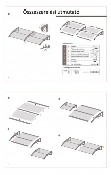 BipiLine Műanyag Előtető, 240x90 cm, Fehér Színű Fali Tartóelemekkel, Áttetsző Polikarbonát Lapokkal