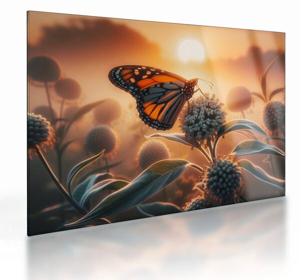 Üveg kép – Pillangó a lenyugvó napban (70x50 cm)