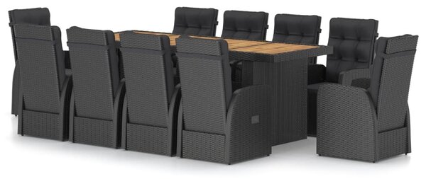 11 részes fekete polyrattan kültéri étkezőszett párnákkal