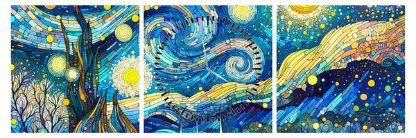 Kép – Csillagos éjszaka mozaikja (órával) (90x30 cm)