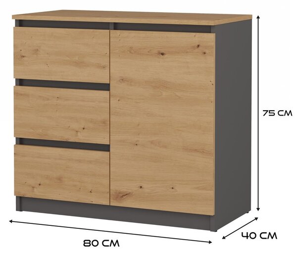 Aldabra MIX Malaga 1D3S fiókos szekrény, 75x80x40 cm, antracit-tölgy