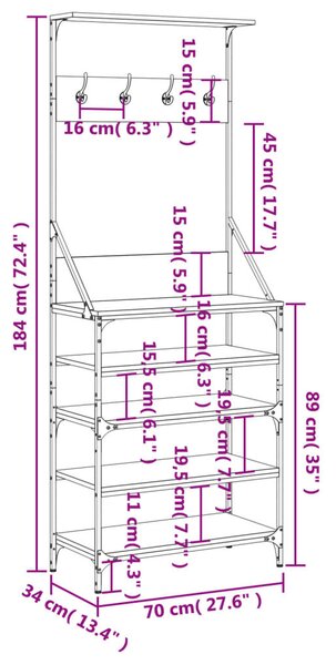Fekete ruhafogas cipőpolccal 70x34x184 cm
