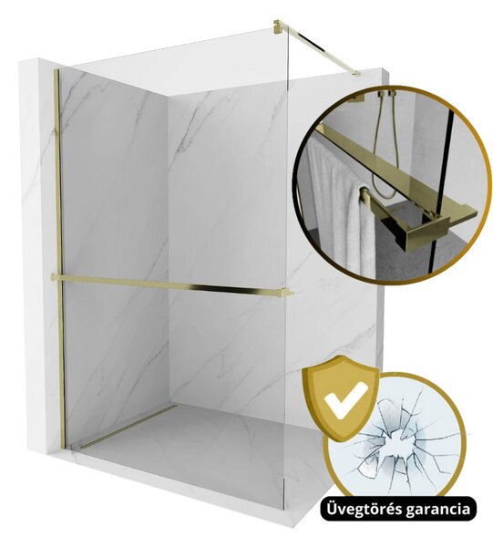 HD Arlo+ Gold Walk-In zuhanyfal 8 mm vastag vízlepergető biztonsági üveggel, 200 cm magas, arany profillal és távtartóval