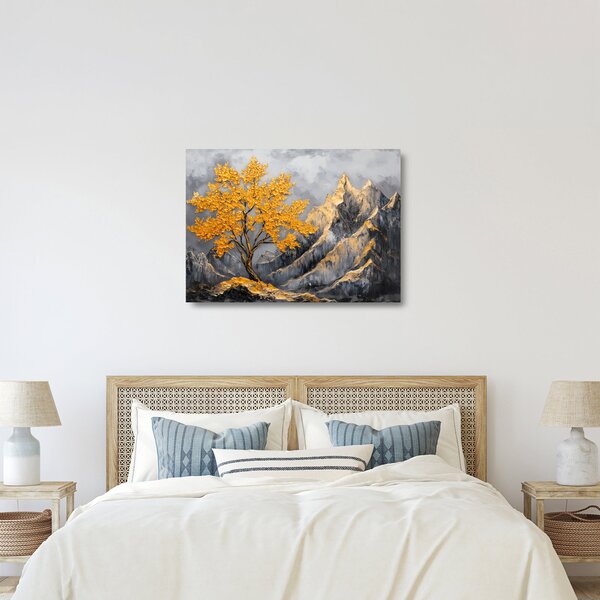 Üveg kép – Arany fa a hegyekben (70x50 cm)