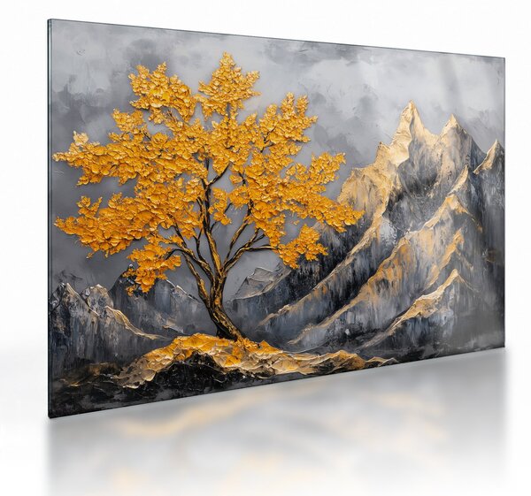 Üveg kép – Arany fa a hegyekben (70x50 cm)