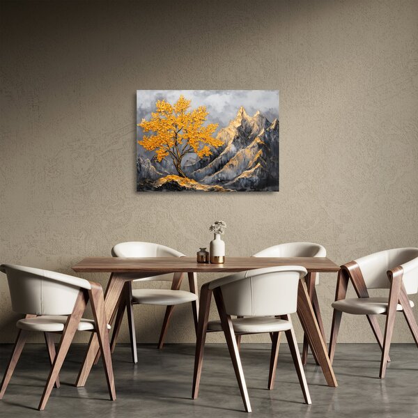 Üveg kép – Arany fa a hegyekben (70x50 cm)