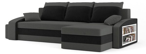 HEWLET kinyitható sarokkanapé polccal és 2 db puffal, univerzális oldal, normál szövet, hab töltőanyag, bal oldali polc, jobb oldali puff tároló, szürke / fekete