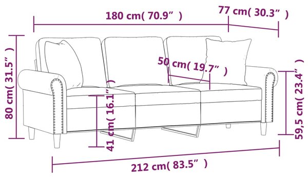 3 személyes rózsaszín bársony kanapé díszpárnákkal 180 cm