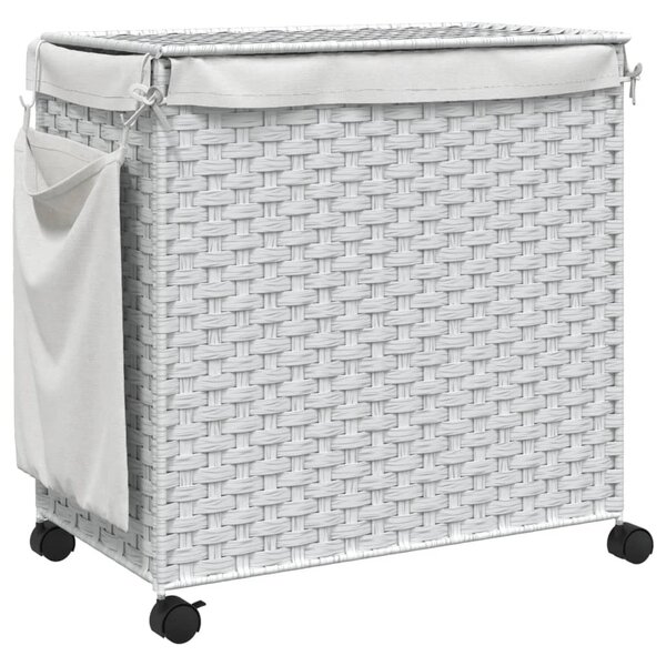 Fehér rattan szennyeskosár kerekekkel 60x35x60,5 cm