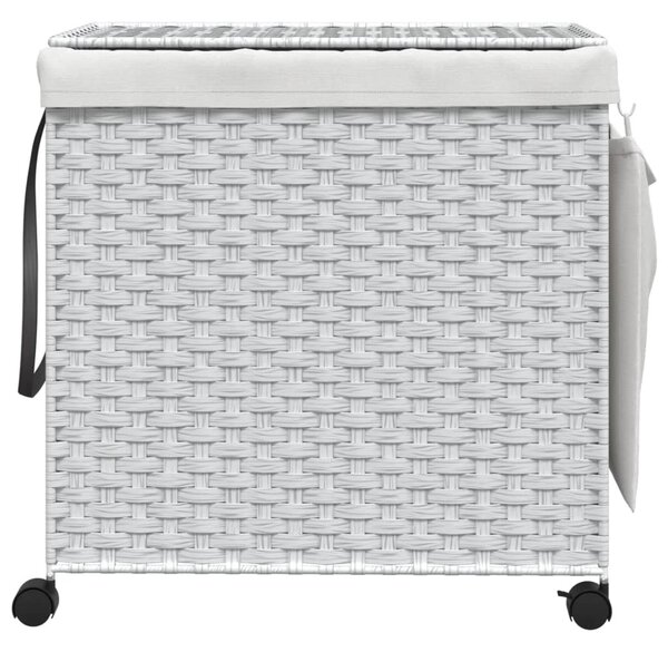 Fehér rattan szennyeskosár kerekekkel 60x35x60,5 cm