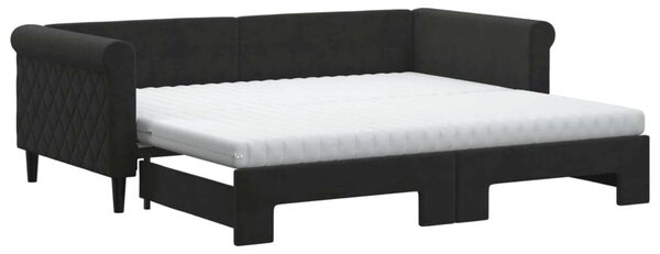 Fekete kihúzható bársony heverő matracokkal 90 x 190 cm