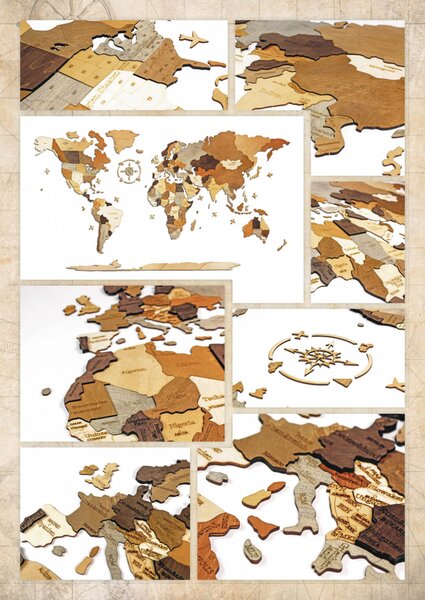 3D Fa Puzzle Világtérkép - Fali Dekoráció 200x110 (Iránytűvel)