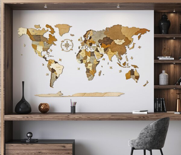 3D Fa Puzzle Világtérkép - Fali Dekoráció 200x110 (Iránytűvel)