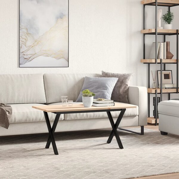Tömör fenyőfa és acél dohányzóasztal X-vázzal 90x40x45 cm