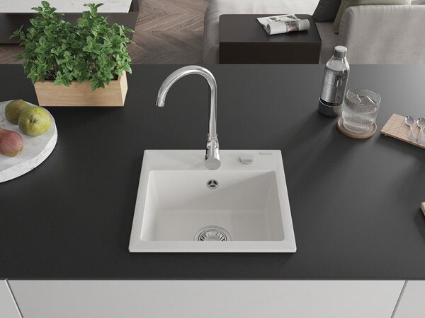 Mexen Milo egymedencés gránit mosogató 435 x 410 mm, fehér, króm szifon - 6505441000-20
