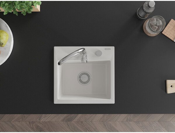 Mexen Milo egymedencés gránit mosogató 435 x 410 mm, fehér, króm szifon - 6505441000-20