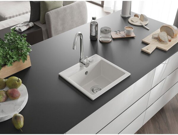 Mexen Milo egymedencés gránit mosogató 435 x 410 mm, fehér, króm szifon - 6505441000-20