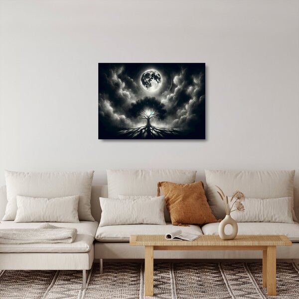 Üveg kép – Fekete-fehér fa teliholdban (70x50 cm)