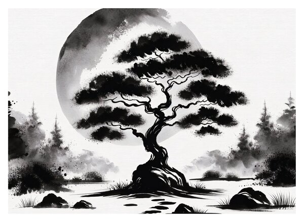 Kép – Fekete-fehér bonsai (70x50 cm)